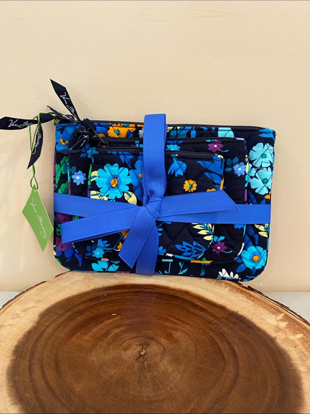 Vera Bradley Navy Floral Quilted Cosmetic Bag Trio